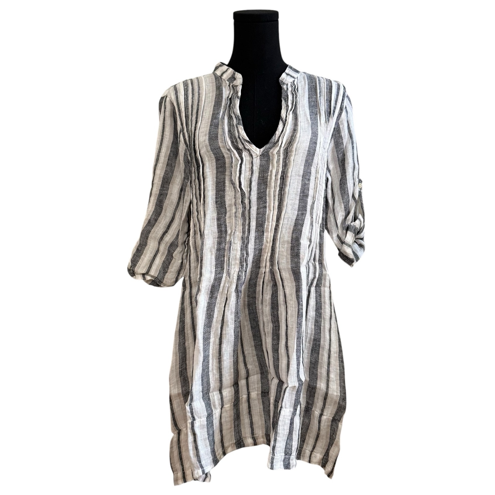 Cp Shades Regina Stripe Tunic Dress Linen Bold Stripe Wash Pintuck Gray White Xs